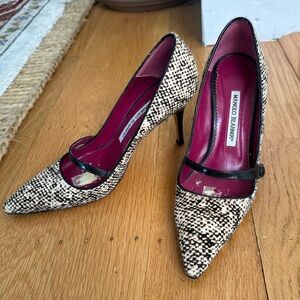 Vintage Manolo Blahnik Calf Hair Mary Jane Point Toe Pumps Stiletto Heels